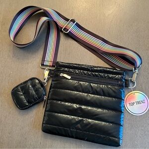 TOPTRENZ Puffer Crossbody Track Rainbow Strap Black with Mini Clip-On New